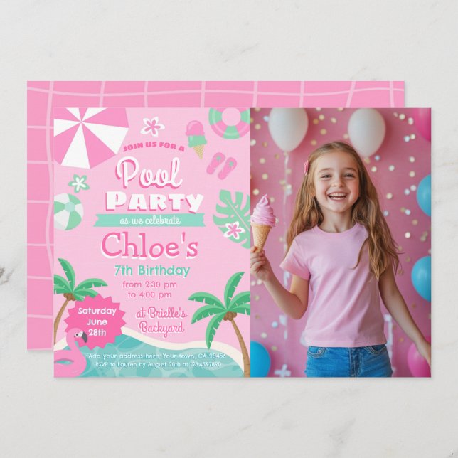 Pink Pool Party Birthday Invitation (Front/Back)