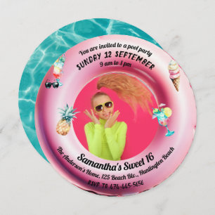 Pink Pool Party Cocktail Watercolor Sweet 16 Photo Invitation
