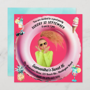 Pink Pool Party Cocktails Pineapple Sweet 16 Photo Invitation