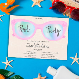 Pink pool party holographic glasses Sweet 16 Invitation