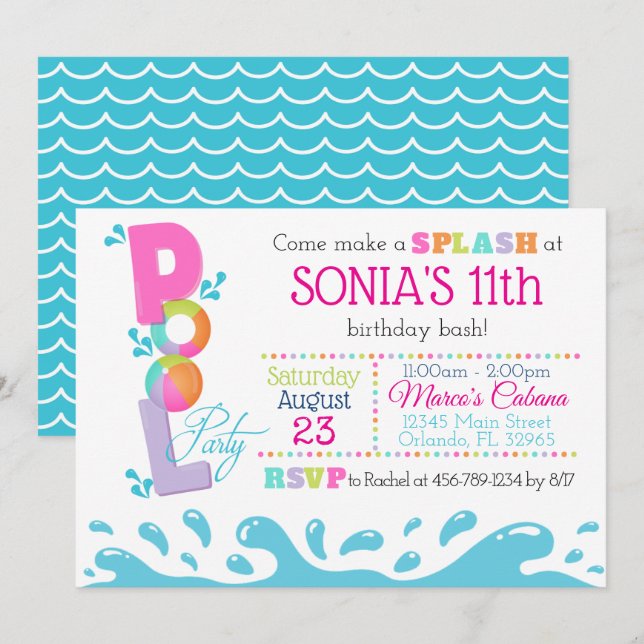 Pink Pool Party Invitation Summer Birthday (Front/Back)