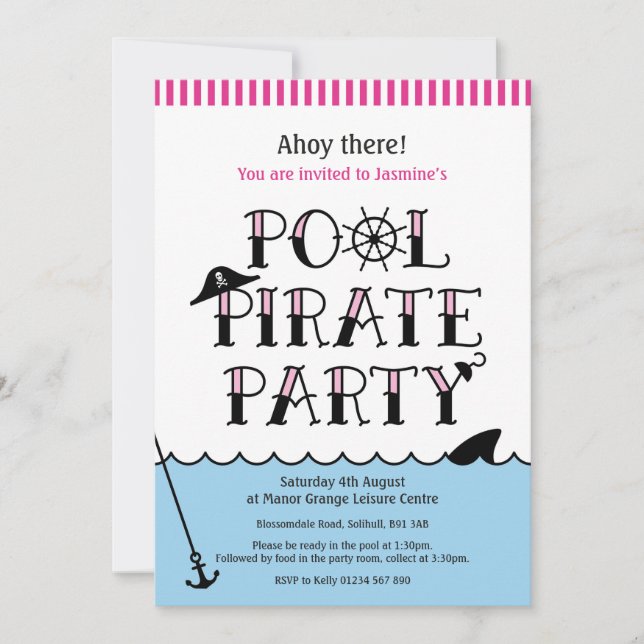 Pink Pool Pirate Party Birthday Invite (Front)