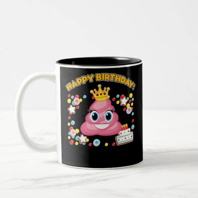 Pink Poop Emoji Happy Birthday TShirt Two-Tone Coffee Mug (Left)