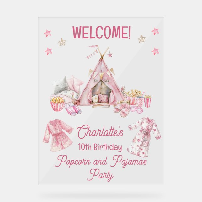 Pink Popcorn and Pajamas Slumber Birthday Party Acrylic Sign (Front)