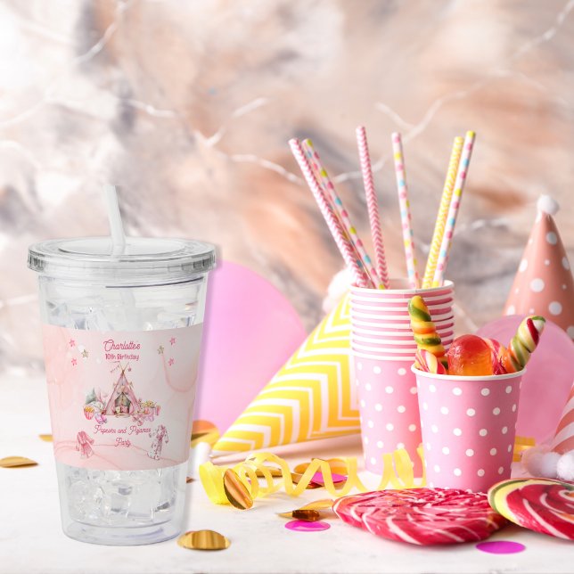 Pink Popcorn and Pajamas Slumber Birthday Party Acrylic Tumbler (Pink "Popcorn and Pajamas"  Slumber | Sleepover Birthday Party Popcorn Acrylic Tumbler)