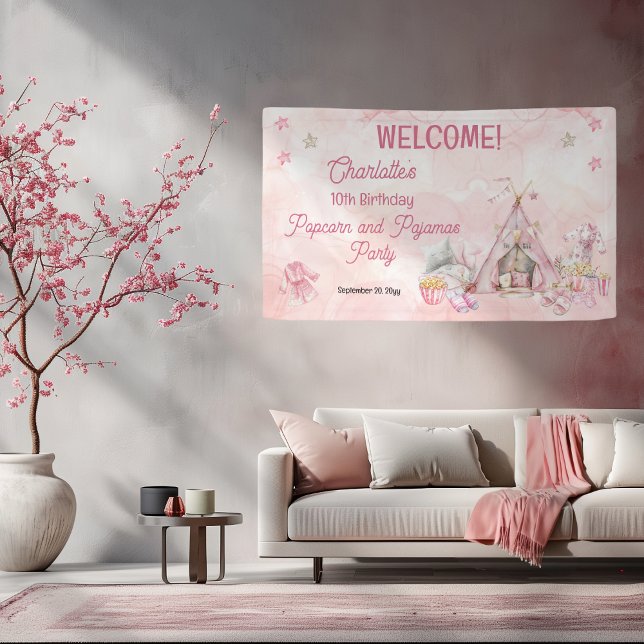 Pink Popcorn and Pajamas Slumber Birthday Party Banner (Pink "Popcorn and Pajamas" Slumber | Sleepover Birthday Party Banner - Horizontal - Any Age)