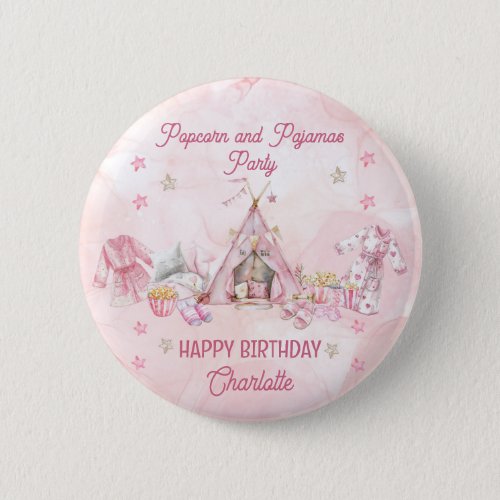 Pink Popcorn and Pajamas Slumber Birthday Party Button