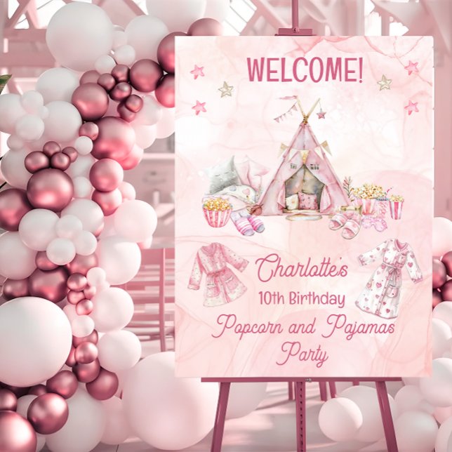 Pink Popcorn and Pajamas Slumber Birthday Party Foam Board (Pink "Popcorn and Pajamas" Slumber | Sleepover Birthday Party Foam Board Sign - Vertical - Any Age)