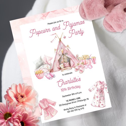 Pink Popcorn and Pajamas Slumber Birthday Party Invitation