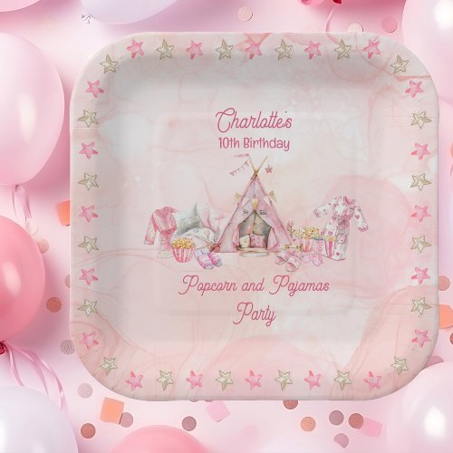 Pink Popcorn and Pajamas Slumber Birthday Party Paper Plates