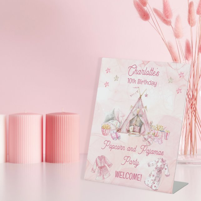 Pink Popcorn and Pajamas Slumber Birthday Party Pedestal Sign (Pink "Popcorn and Pajamas" Slumber | Sleepover Birthday Party "Welcome" Pedestal Sign)