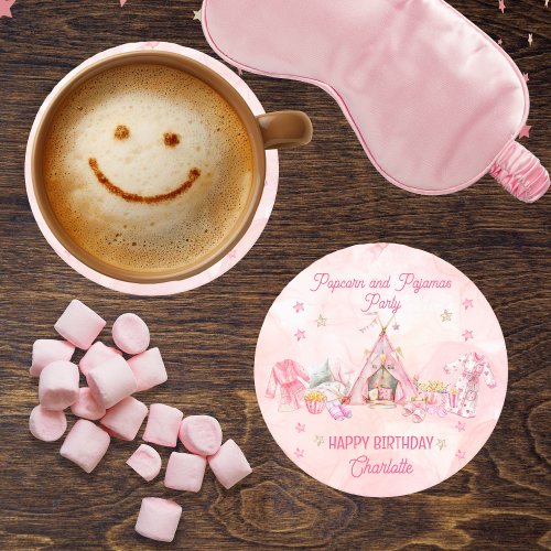 Pink Popcorn and Pajamas Slumber Birthday Party Round Paper Coaster