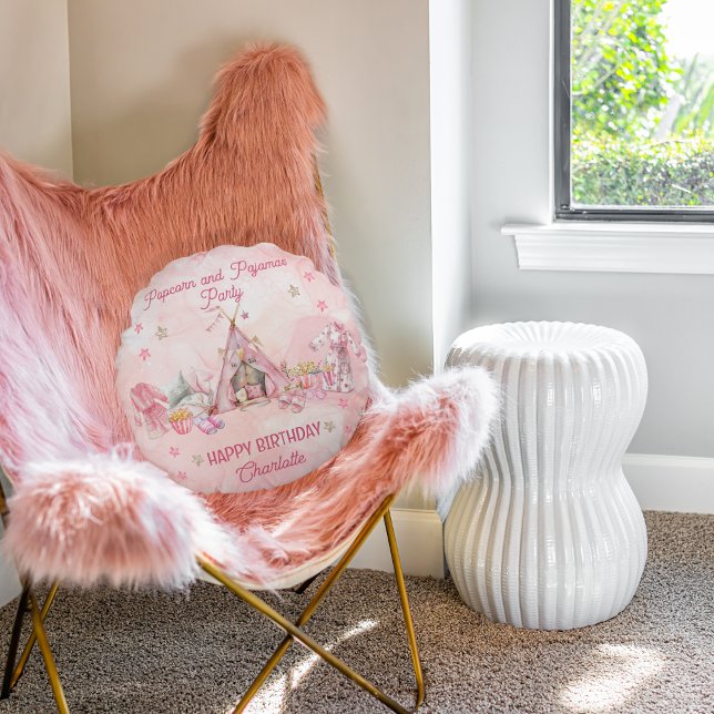 Pink Popcorn and Pajamas Slumber Birthday Party Round Pillow (Pink "Popcorn and Pajamas" Slumber | Sleepover Birthday Party Round Pillow)