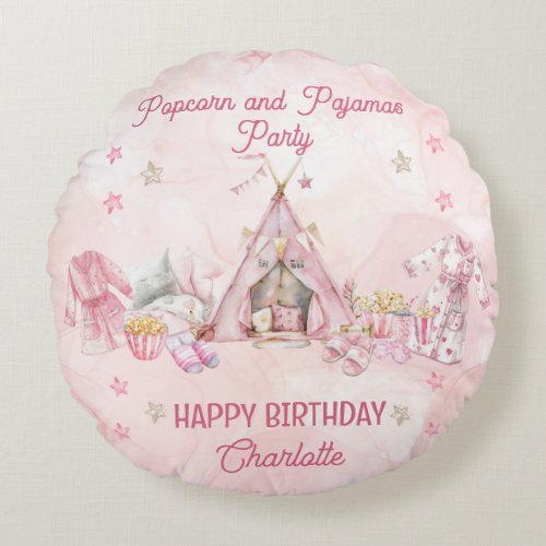 Pink Popcorn and Pajamas Slumber Birthday Party Round Pillow