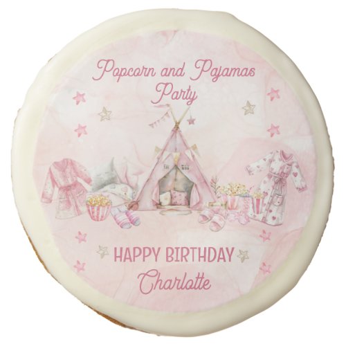 Pink Popcorn and Pajamas Slumber Birthday Party Sugar Cookie