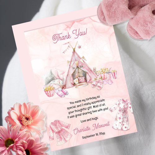Pink Popcorn and Pajamas Slumber Birthday Party Thank You Card