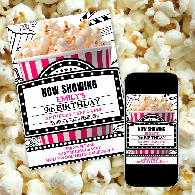 Pink Popcorn Movie Night Party Invitation | Zazzle