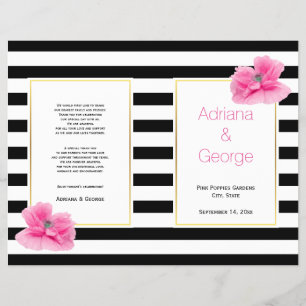 Pink poppies black white stripes wedding program flyer