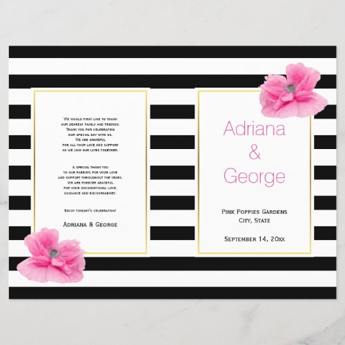 Pink poppies black white stripes wedding program flyer
