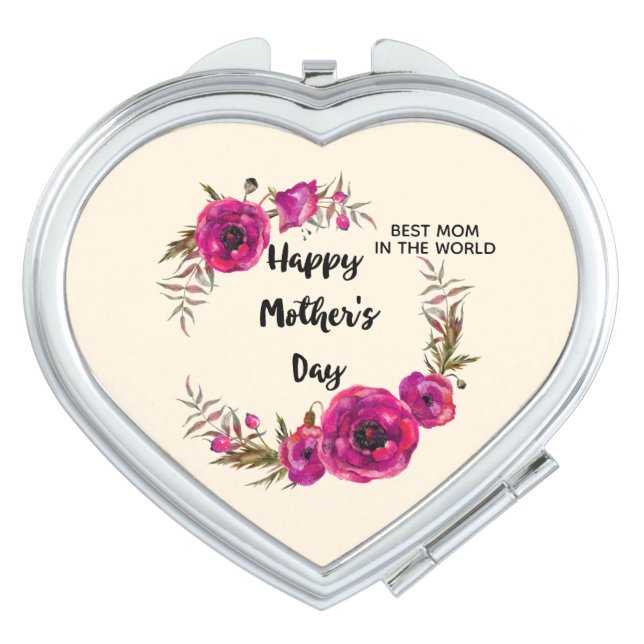 Pink Poppies Floral Wreath Best Mom in the World Compact Mirror (Front)