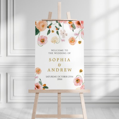 Pink Poppies Flowers Wedding Welcome Sign