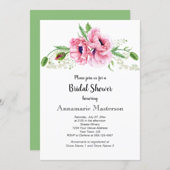 Pink Poppies Greenery Bouquet Bridal Shower | Invitation