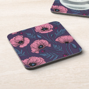 Pink poppies on dark violet beverage coaster