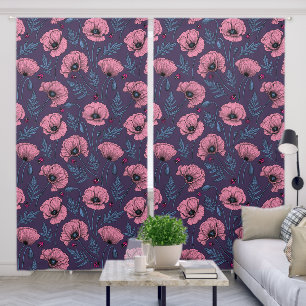 Pink poppies on dark violet blackout curtains
