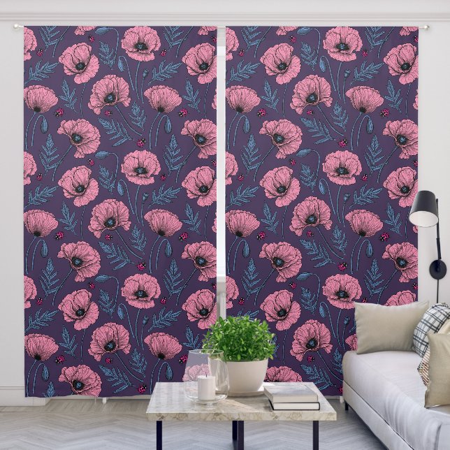 Pink poppies on dark violet blackout curtains (Living Room)