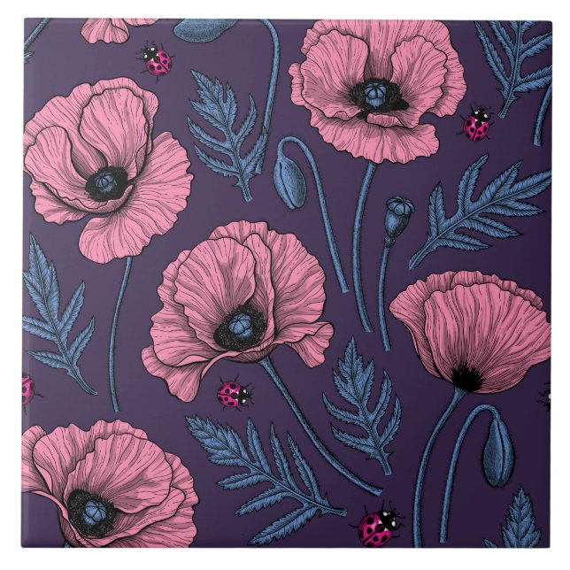 Pink poppies on dark violet ceramic tile (Front)