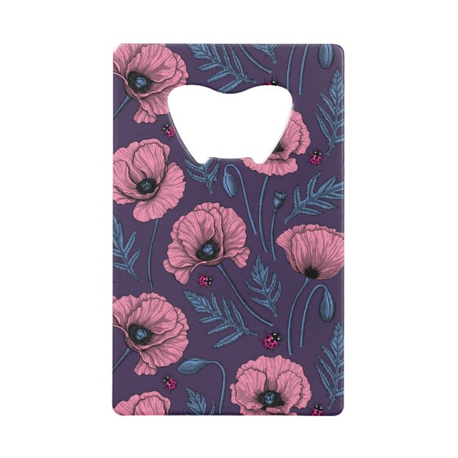 Pink poppies on dark violet credit card bottle opener (Front)