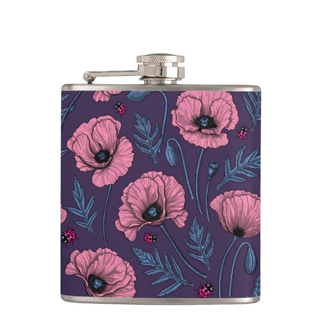 Pink poppies on dark violet flask (Front)