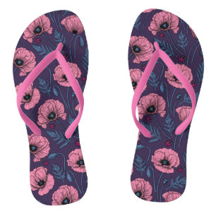 Pink poppies on dark violet flip flops