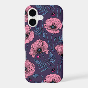 Pink poppies on dark violet iPhone 17 case
