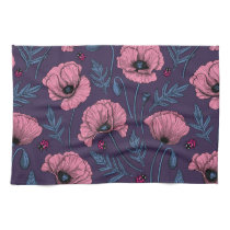 Pink poppies on dark violet kitchen towel