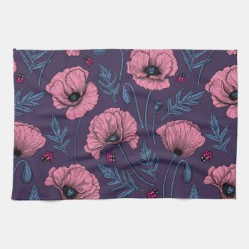 Pink Poppies On Dark Violet Kitchen Towel by katstore at Zazzle