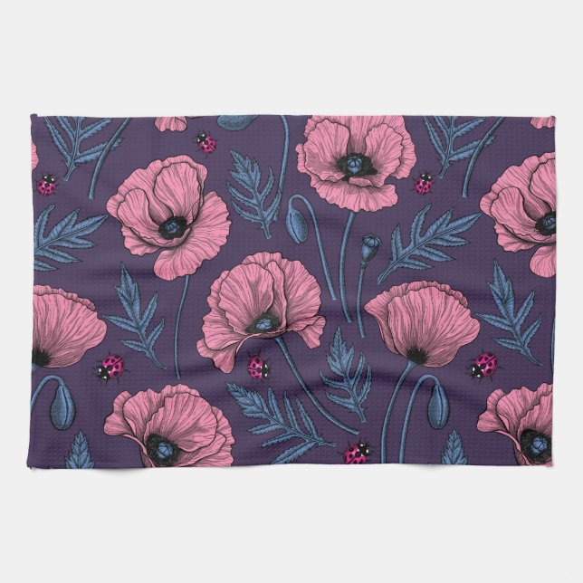 Pink poppies on dark violet kitchen towel (Horizontal)