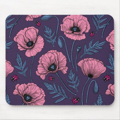Pink poppies on dark violet mouse pad