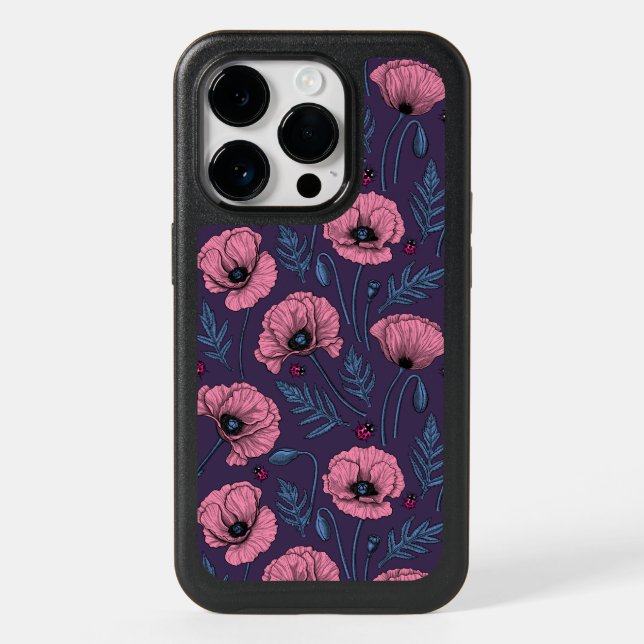 Pink poppies on dark violet otterbox iPhone case (Back)