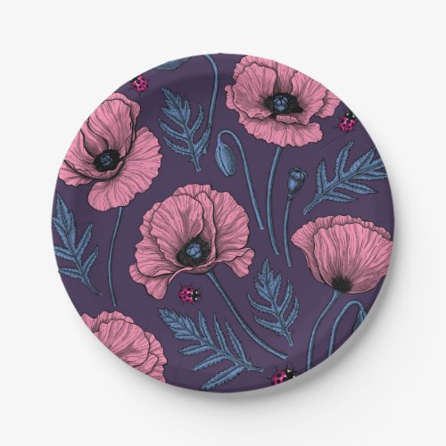 Pink poppies on dark violet paper plates