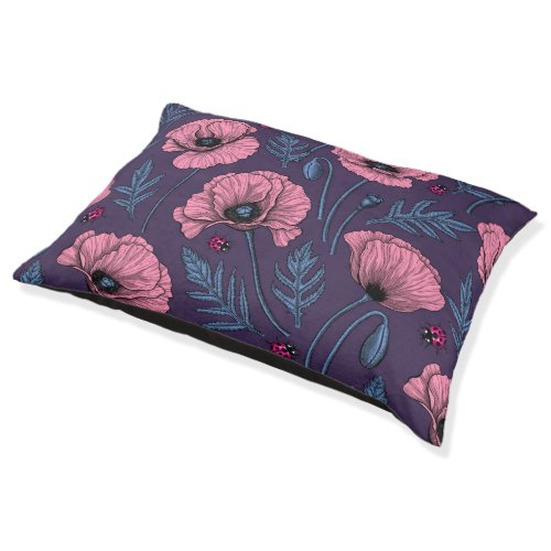 Pink poppies on dark violet pet bed
