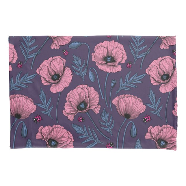 Pink poppies on dark violet pillow case (Front-Left)