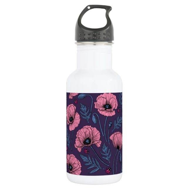 Pink poppies on dark violet stainless steel water bottle (Front)