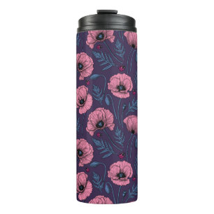 Pink poppies on dark violet thermal tumbler