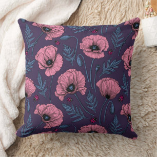 Pink poppies on dark violet throw pillow