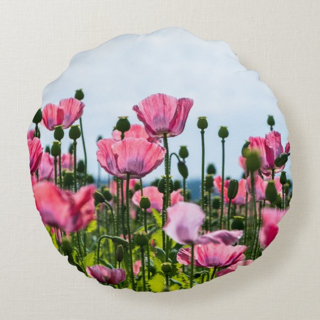 Pink Poppies Round Pillow (Back)