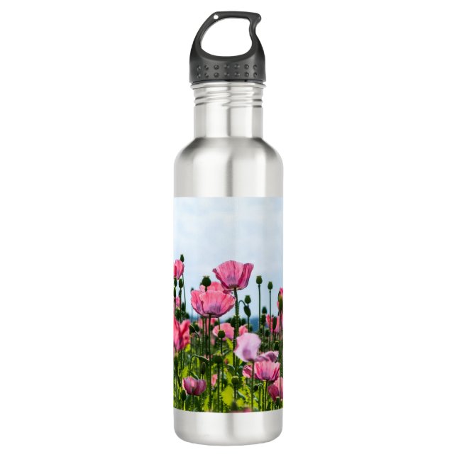 Pink Poppies Stainless Steel Water Bottle (Front)