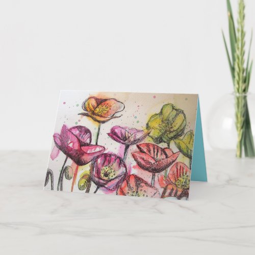 Pink Poppies Watercolour and ink Birthday Card