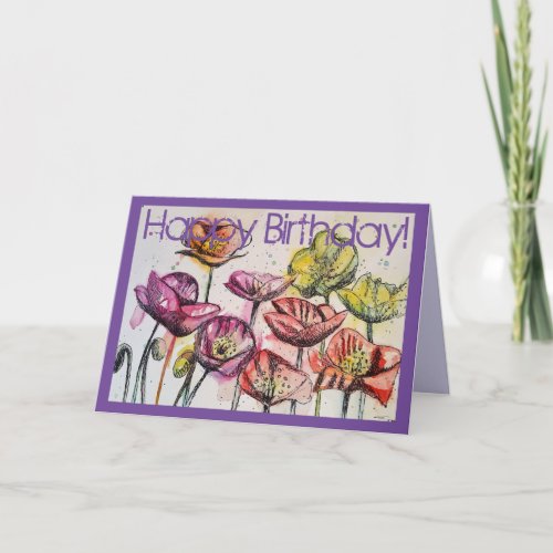 Pink Poppies Watercolour and ink Birthday Card
