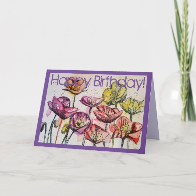 Pink Poppies Watercolour and ink Birthday Card (Front)